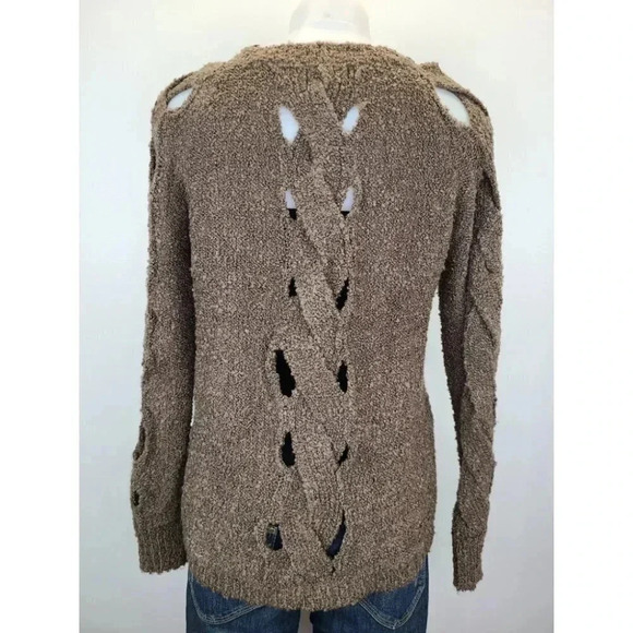 ASTR Brown Cut Out Sleeve and Back Textured Cozy Boucle Fall Sweater Small - Picture 8 of 14